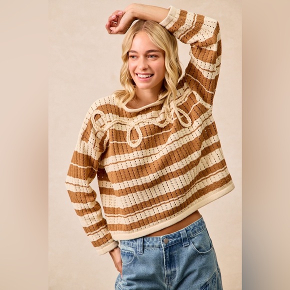 BiBi Striped Open Knit Sweater Top with Front Braided Detail 10010051743 - Picture 5 of 14